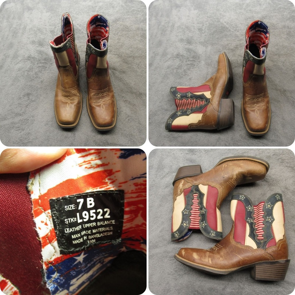 Justin Womens Boots 7 B Brown Square Toe American Flag Western Chellie‎ Patriot